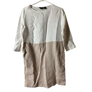 Tahari Women's 100% Linen Color Block Three Quarter Sleeve Dress Sz S